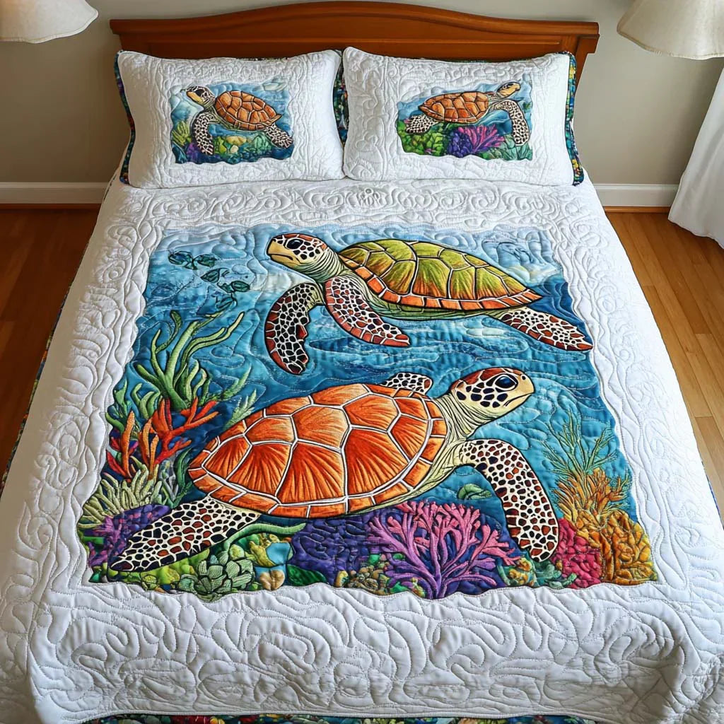 Parure de lit matelassée 3 pièces - Tortues Marines